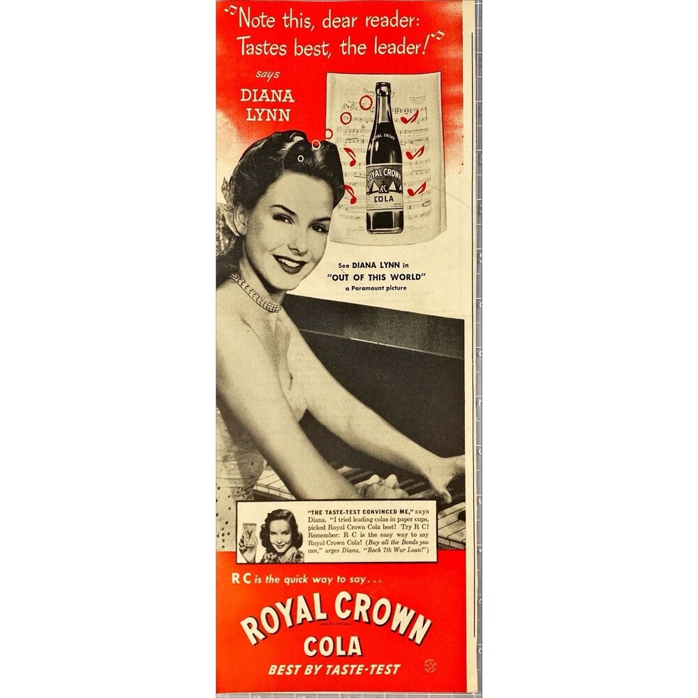 Royal Crown Cola "Diana Lynn-Tastes Best, the Leader" Vintage Print Ad 1945